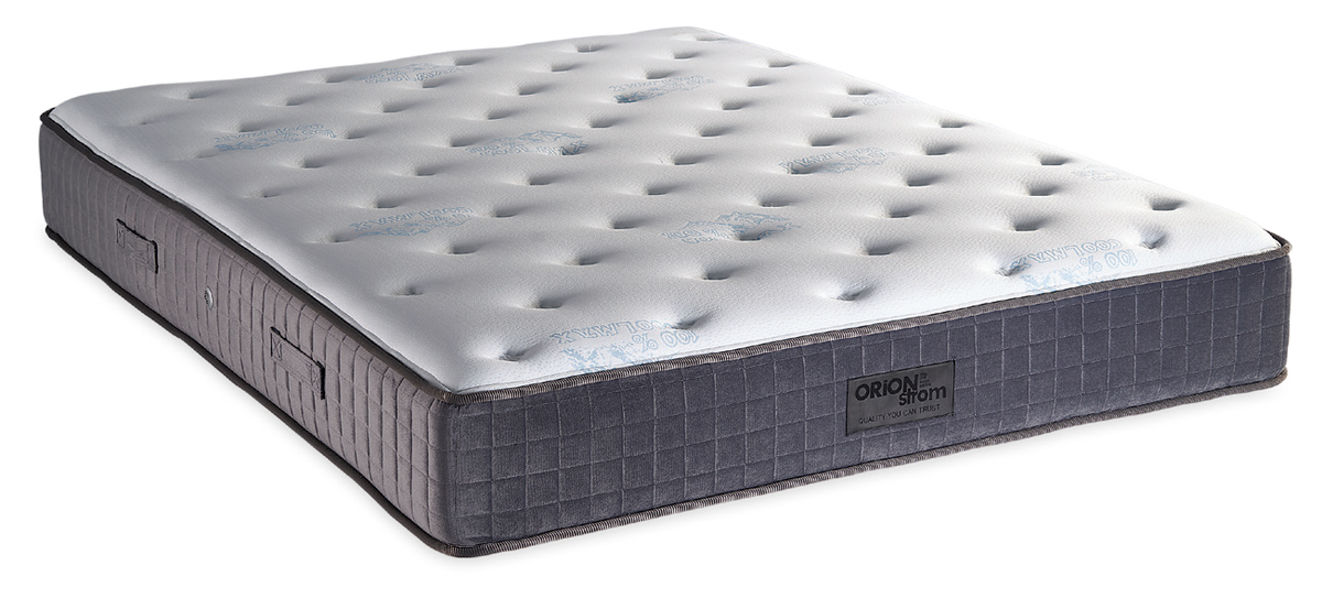 878 Filoxenia Bio Thermo Cotton Cool Max Hyper Soft Ultra Heavy Foam 5000 — Alternate view: white deeply quilted top and a brown border with vertical stitching. Feel: very firm. Anatomical mattress.